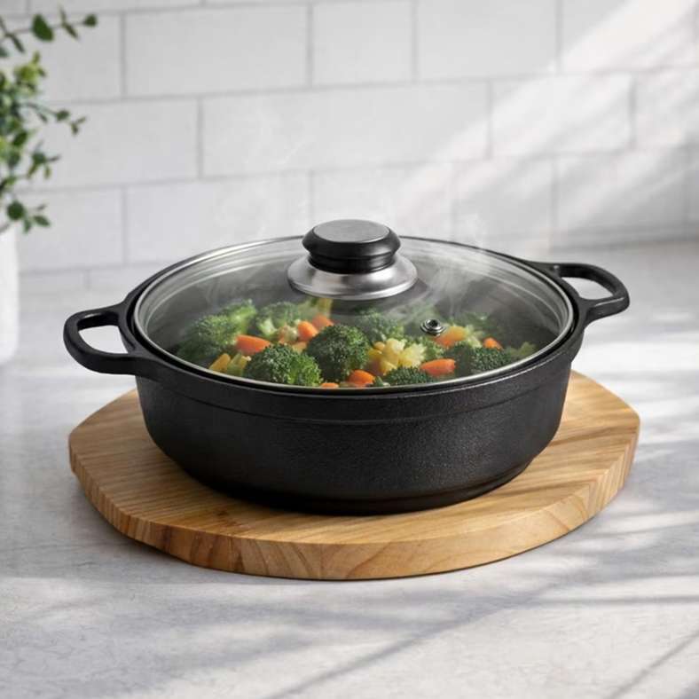 Pan Home Cast Iron Cooking Pot with Wooden Tray - Black - Image 1