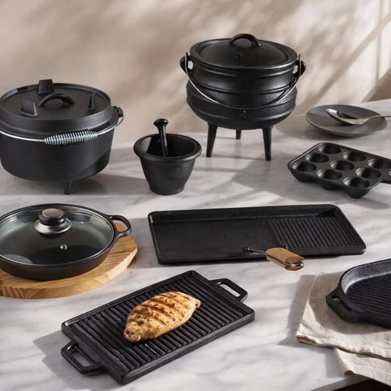 Pan Home Cast Iron Cooking Pot with Wooden Tray - Black - Image 2