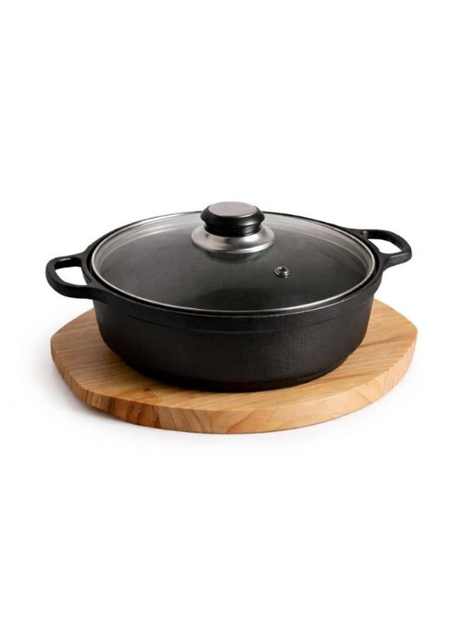 Pan Home وعاء طهي من الحديد الزهر مع صينية خشبية - أسود - Image 5