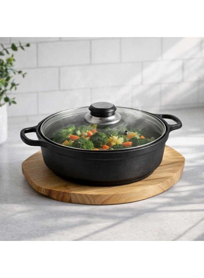 Pan Home وعاء طهي من الحديد الزهر مع صينية خشبية - أسود - Image 1