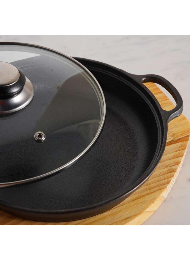 Pan Home وعاء طهي من الحديد الزهر مع صينية خشبية - أسود - Image 2