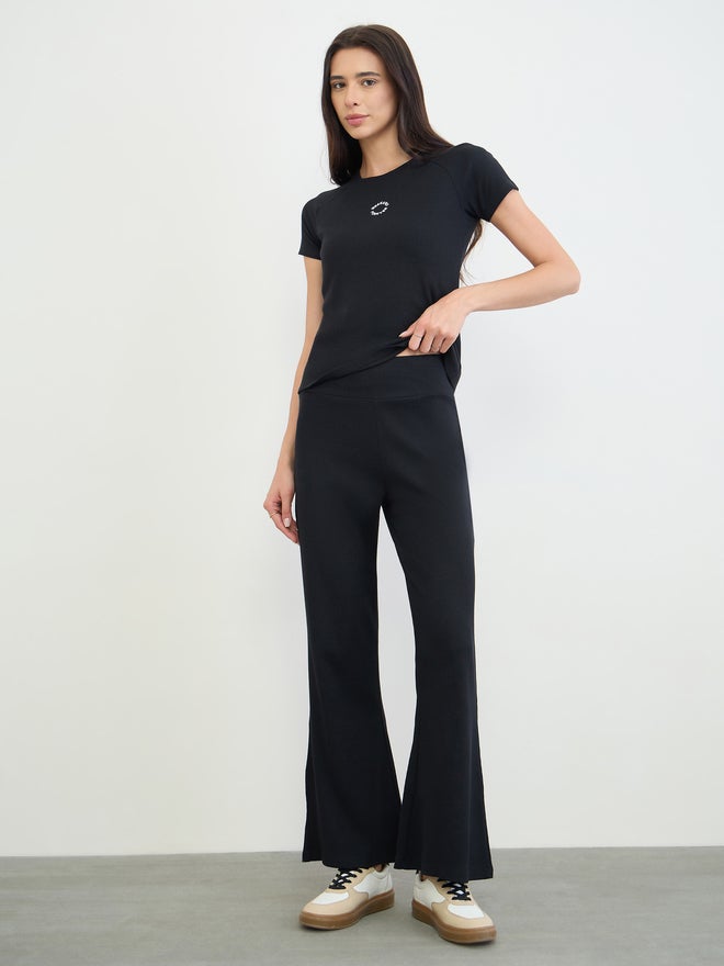 Styli Black Ribbed Flared Leggings - Image 1