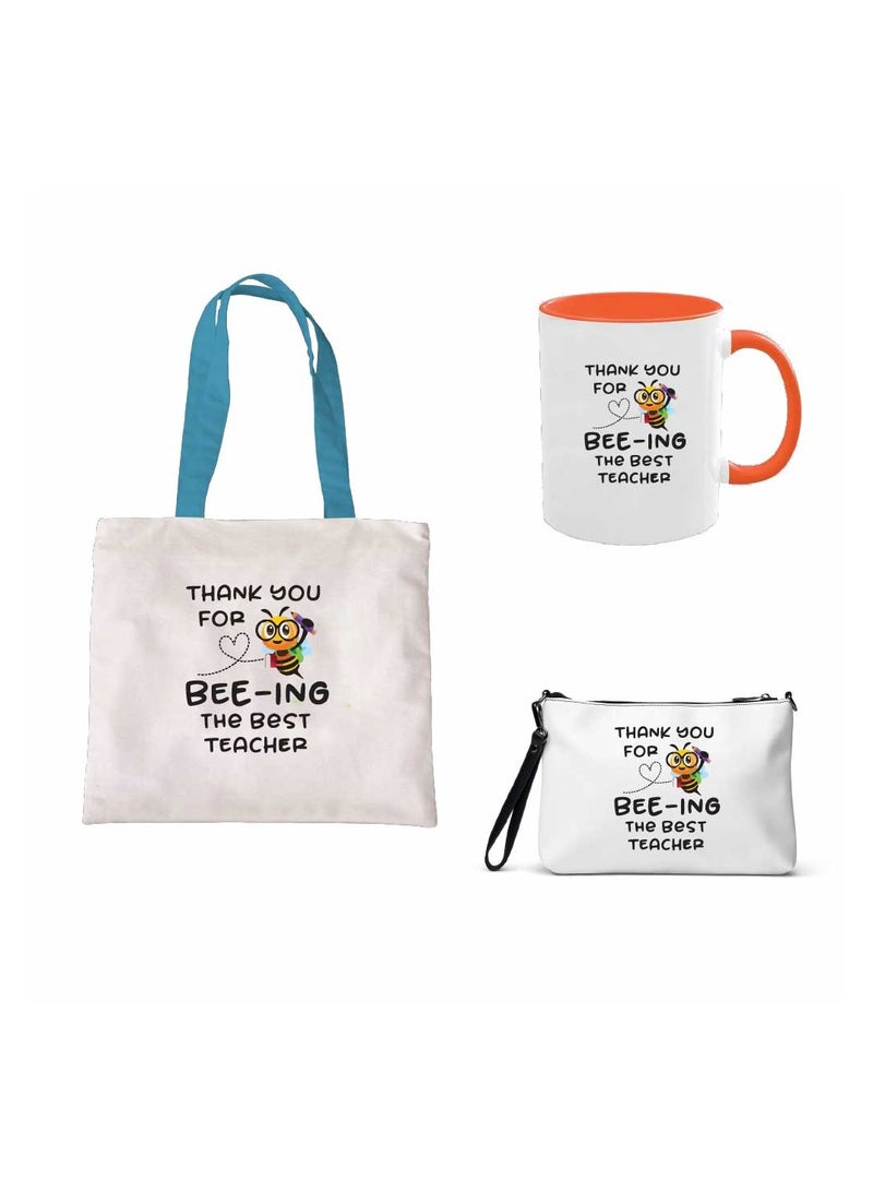 برينت شوب فور مي حقيبة قطنية بمقبض أزرق من مجموعة يوم المعلم - أكواب برتقالية اللون وحقيبة مستحضرات تجميل - مجموعة هدايا أنيقة لعيد المعلم من الطلاب - Image 1