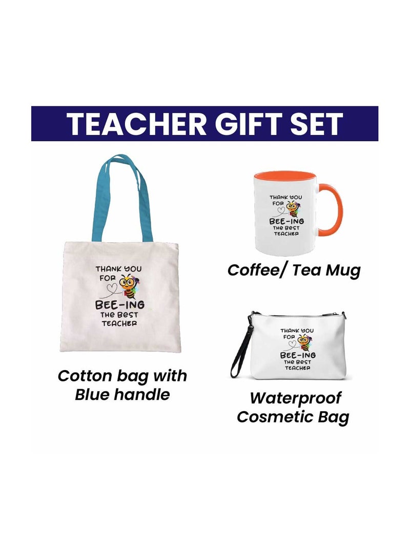برينت شوب فور مي حقيبة قطنية بمقبض أزرق من مجموعة يوم المعلم - أكواب برتقالية اللون وحقيبة مستحضرات تجميل - مجموعة هدايا أنيقة لعيد المعلم من الطلاب - Image 2
