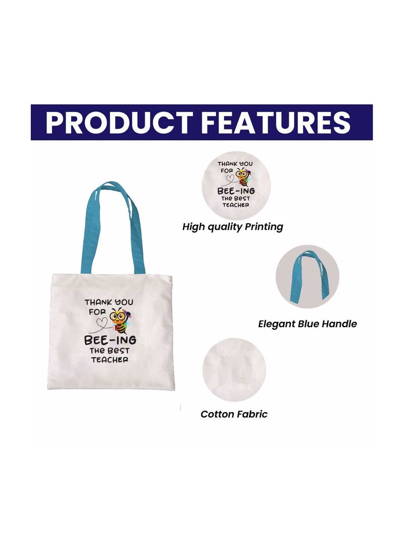 برينت شوب فور مي حقيبة قطنية بمقبض أزرق من مجموعة يوم المعلم - أكواب برتقالية اللون وحقيبة مستحضرات تجميل - مجموعة هدايا أنيقة لعيد المعلم من الطلاب - Image 3