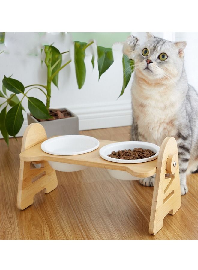Japanese style raised ceramic cat bowl with wood stand (double) - Image 1
