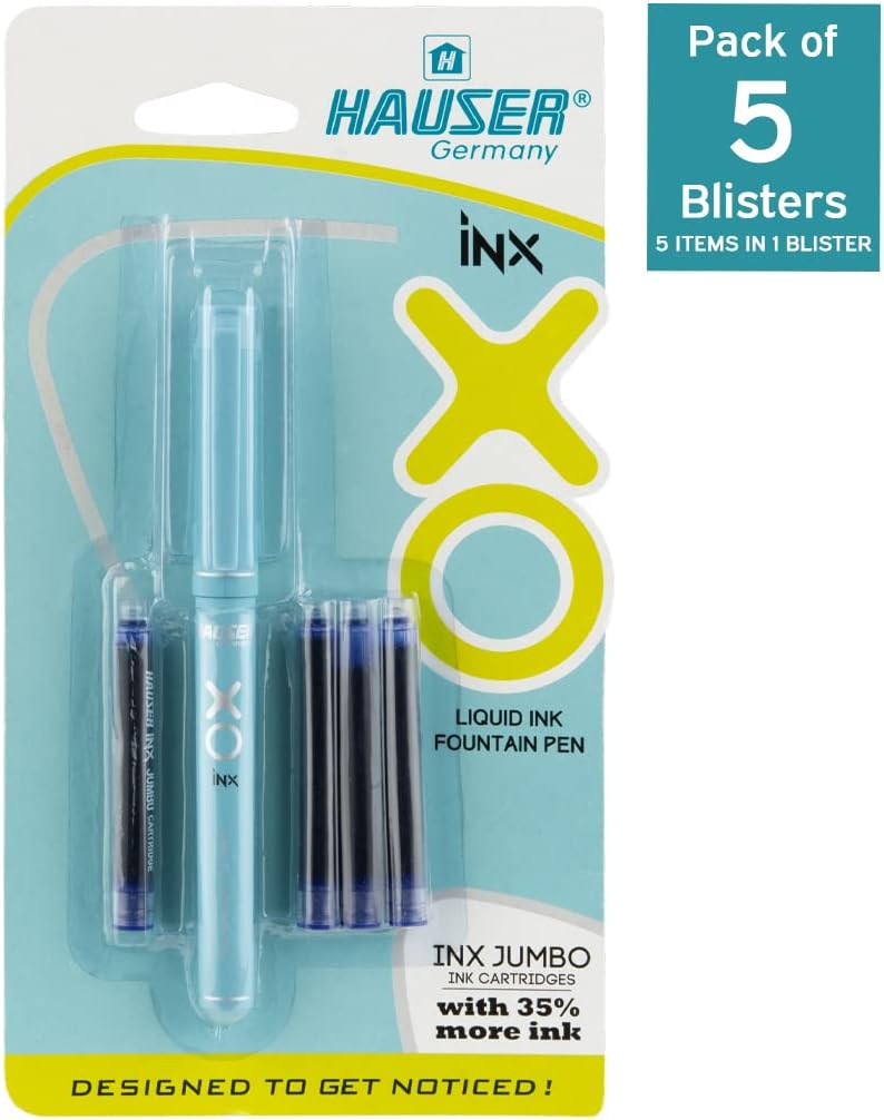Hauser Inx XO Liquid Ink Fountain Pen Blister Pack | Smooth Round Nib With Iridium Tip | Free 4 Pieces X-Large Jumbo Cartridges | Unique Liquid Ink Sysyem | Blue Ink, Pack Of 5 Trendy natural assorted colors - Image 1
