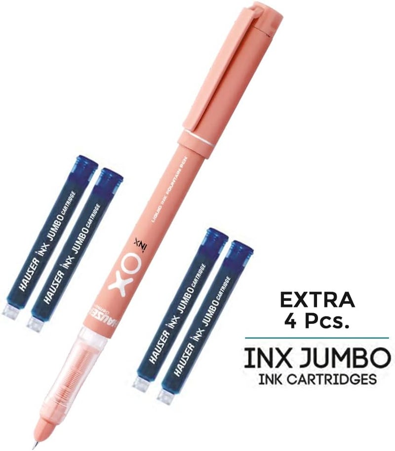Hauser Inx XO Liquid Ink Fountain Pen Blister Pack | Smooth Round Nib With Iridium Tip | Free 4 Pieces X-Large Jumbo Cartridges | Unique Liquid Ink Sysyem | Blue Ink, Pack Of 5 Trendy natural assorted colors - Image 3