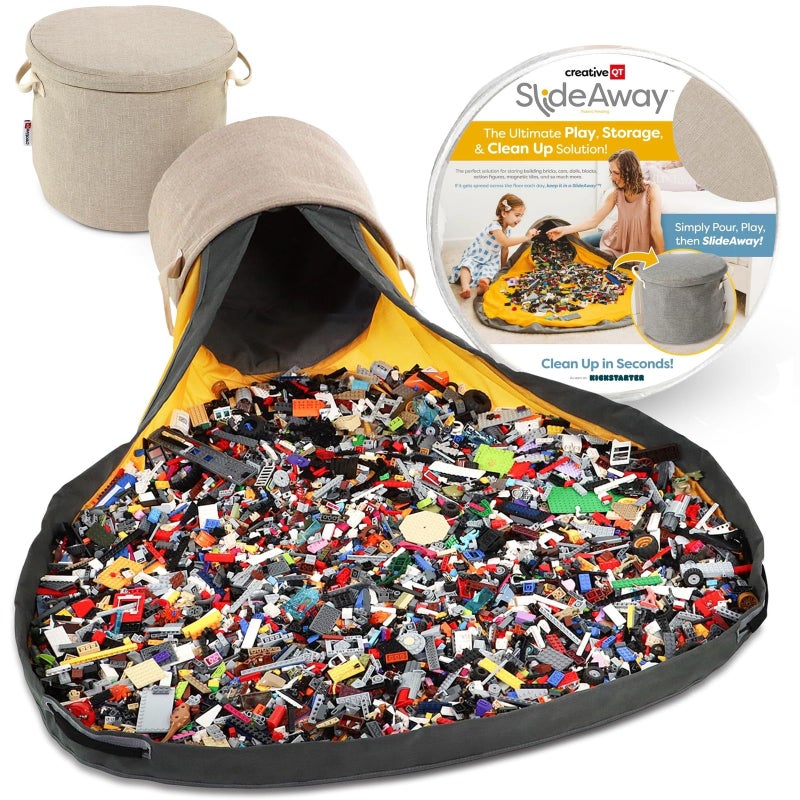 Creative QT SlideAway Toy Storage Organizer & Extra Large 52" Play Mat, Collapsible Storage Bins for Building Bricks, Small Blocks, Toys, Drawstring Cleanup for Kids Playroom & Classroom, Beige - Image 1