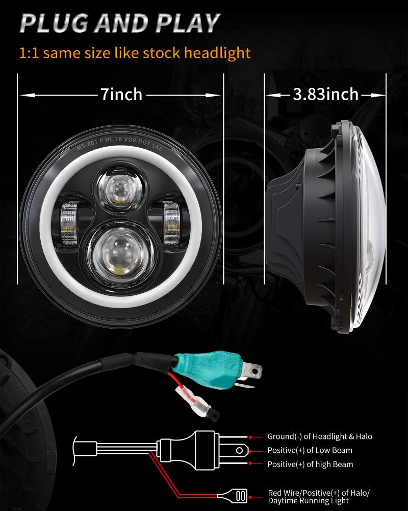 XPCTD 7 Inch LED Headlight DOT DRL Light Halo Bulb Kit for Touring Street Glide Road King Ultra Classic Electra Glide FatBoy Tri Cvo Heritage Softail Slim Deluxe Switchback Black - Image 4