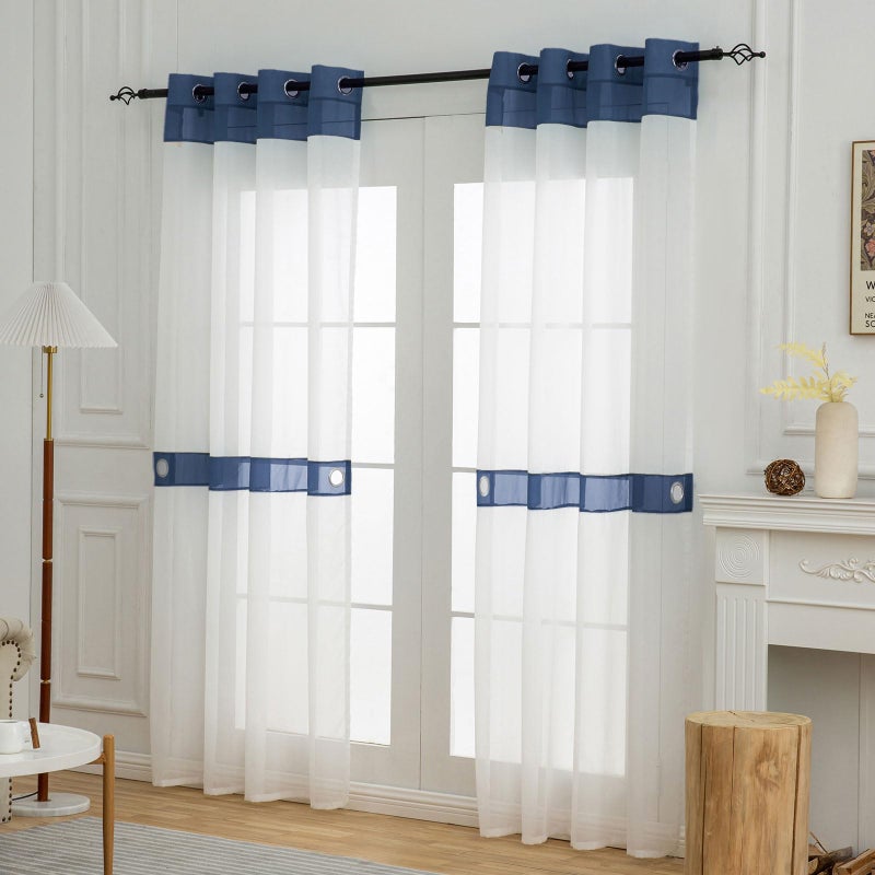 L.Z.E Navy Blue Sheer Curtains 84 Inches Long 2 Panels Set for Living Room, White and Dark Blue Sheer Curtains for Bedroom Kids Room Dining Room, Grommet Top See-Through Window Sheers (56" W x 84" L) - Image 2