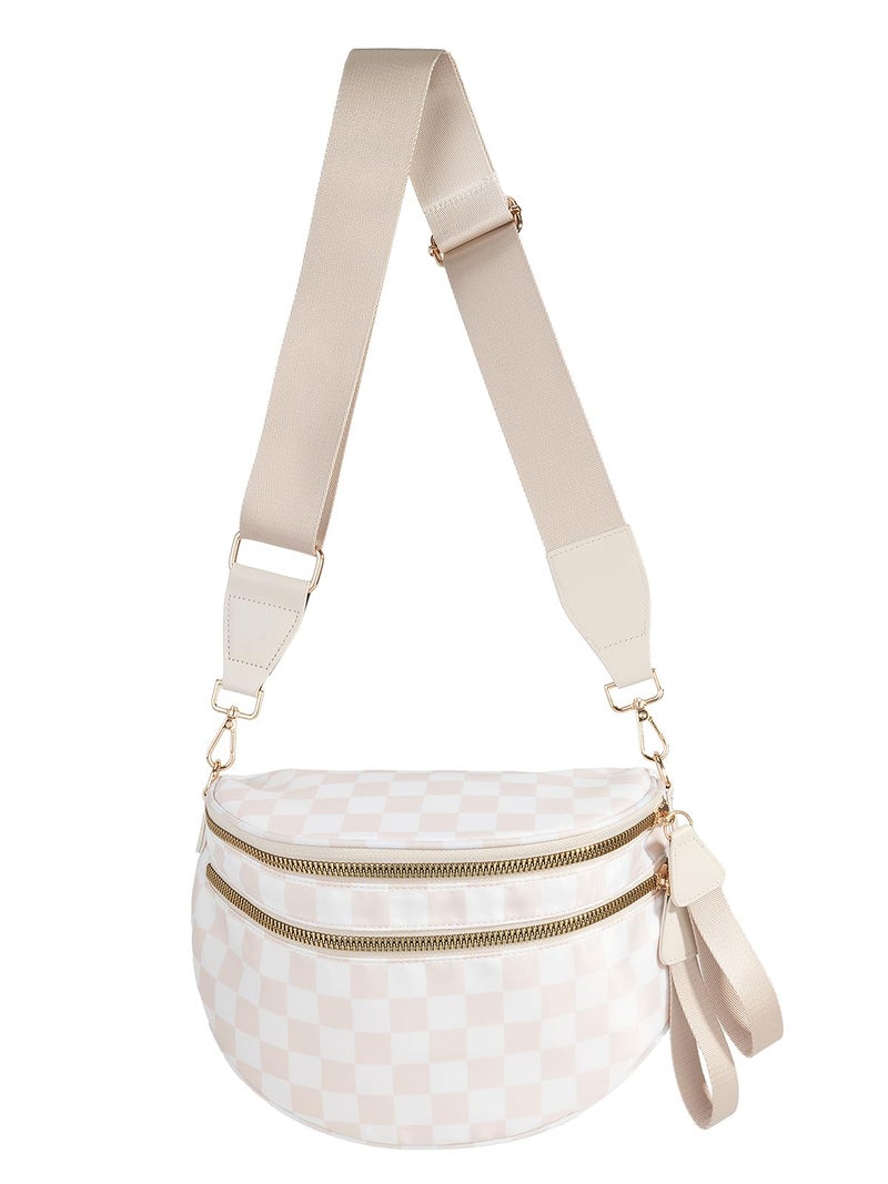 MEISEY Black and White Checkered Crossbody Bum Bag for Women,Spacious Checkered Purse Fanny Packs Belt Bag Sling Bag with Shoulder Strap (Beige Checkered) - Image 1