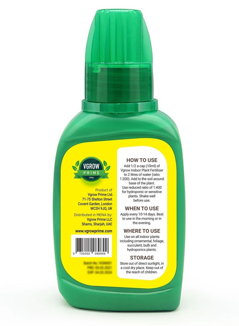 VGROW PRIME Vgrow Indoor Plant Fertilizer - Liquid Nutrients for Houseplants - 250ml Concentrate  - Image 3