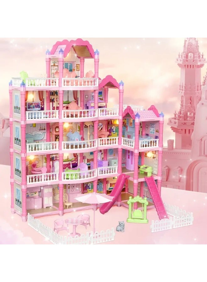 Villa Kids Doll House Playset, Pink, 377 Pieces, 3+ Years, with Doll and Cat Included - Image 1