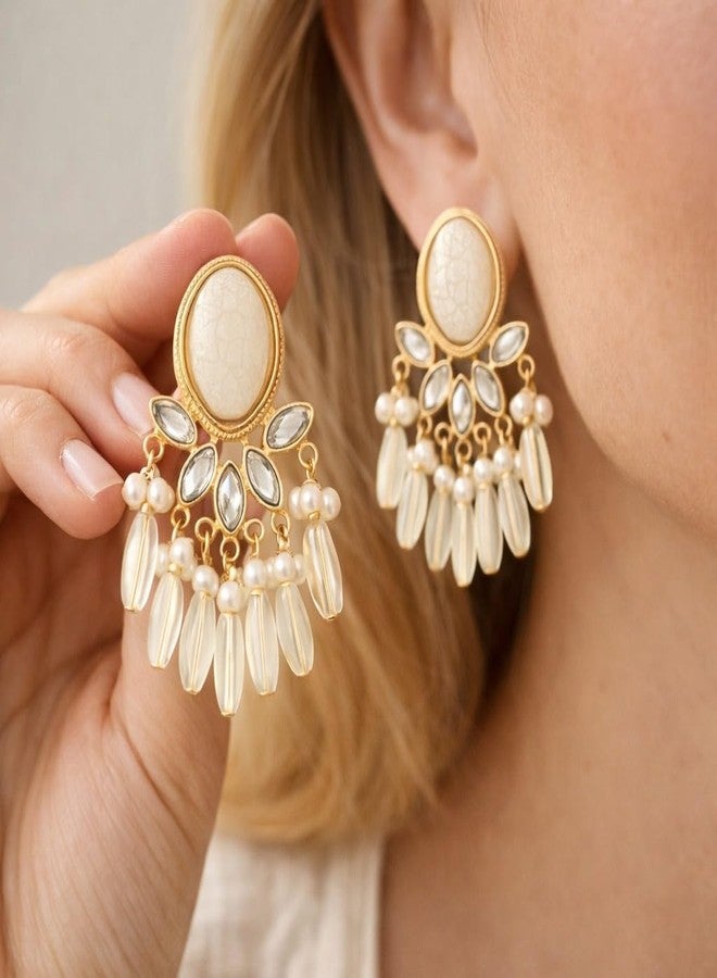AMAAL Gold Kundan Pearl Chandbali Earrings for Women & Girls | Crystal Chandelier Danglers | Traditional Wedding,Earing | Stylish Ear Rings Jewellery for woman | Valentine Gift for Girlfriend -475 - Image 2