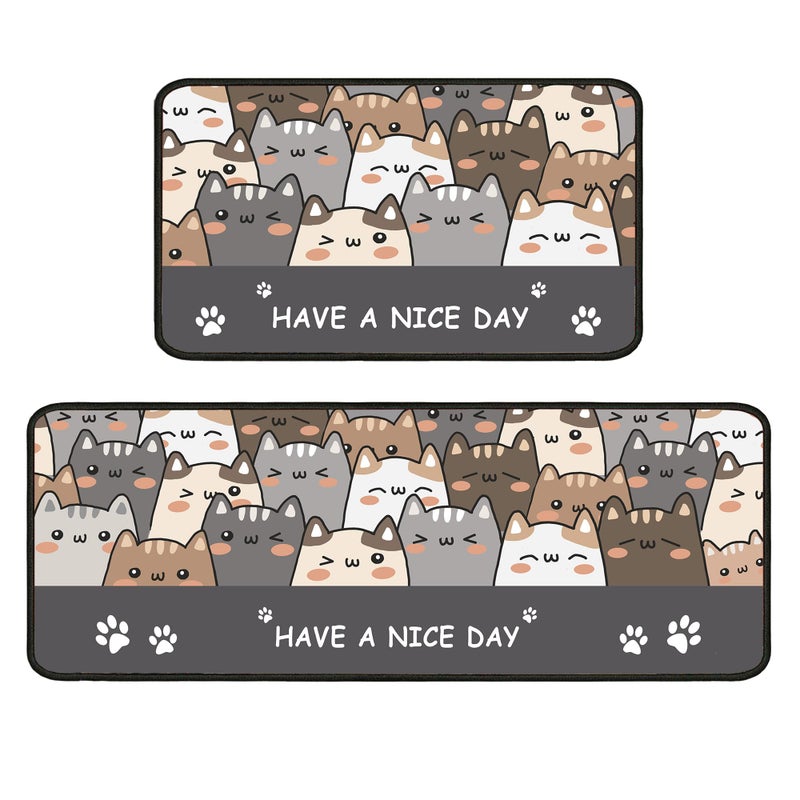 Ksoemar Cat Kitchen Rugs 2 Piece Set for Floor Mat, Non Skid Washable Absorbent Microfiber Cat Kitchen Mat for in Front of Sink for Standing for Home Cats Kitchen Decor 17"X30"+17"X47" - Image 1