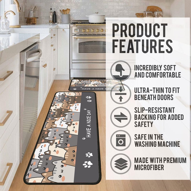 Ksoemar Cat Kitchen Rugs 2 Piece Set for Floor Mat, Non Skid Washable Absorbent Microfiber Cat Kitchen Mat for in Front of Sink for Standing for Home Cats Kitchen Decor 17"X30"+17"X47" - Image 5