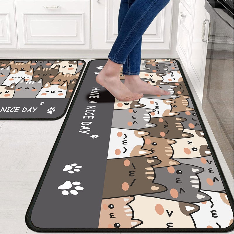 Ksoemar Cat Kitchen Rugs 2 Piece Set for Floor Mat, Non Skid Washable Absorbent Microfiber Cat Kitchen Mat for in Front of Sink for Standing for Home Cats Kitchen Decor 17"X30"+17"X47" - Image 2