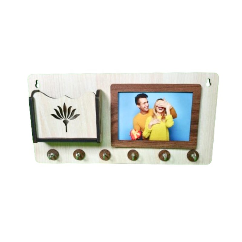 Key Holder with Photo Frame and Mobile StandMulti Purpose Home DecorativeGift Item6 Hooks for Home Office School College KitchenSize1528 cm Brown and Sandal ColorWoodWall Mount  - Image 1