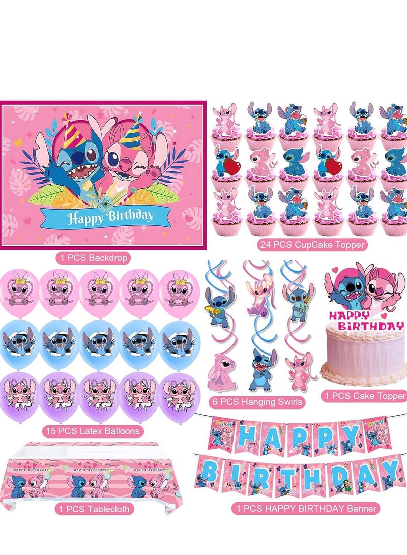Furtey Pink Stitch Birthday Party Supplies, Party Decorations Set Include Banner, Balloons, Hanging Swirls, Cake Cupcake Toppers, Tablecloth for Girls boys Stitch Theme Party - Image 2
