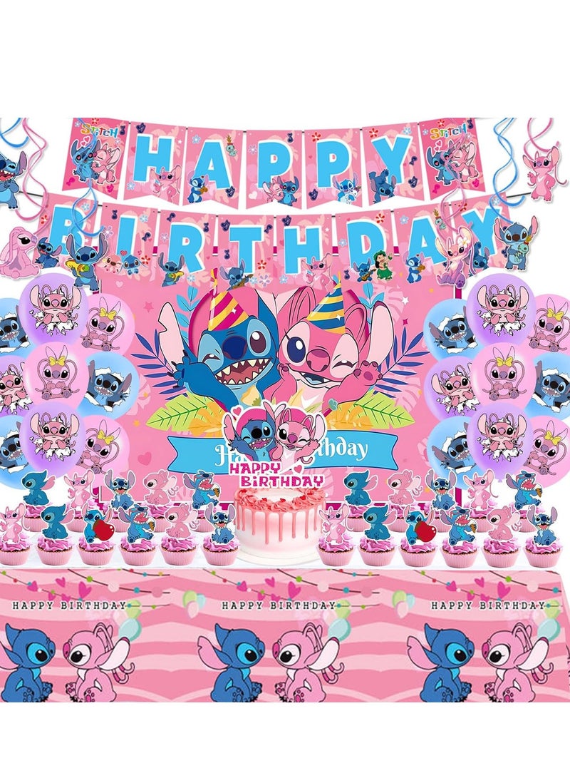 Furtey Pink Stitch Birthday Party Supplies, Party Decorations Set Include Banner, Balloons, Hanging Swirls, Cake Cupcake Toppers, Tablecloth for Girls boys Stitch Theme Party - Image 1