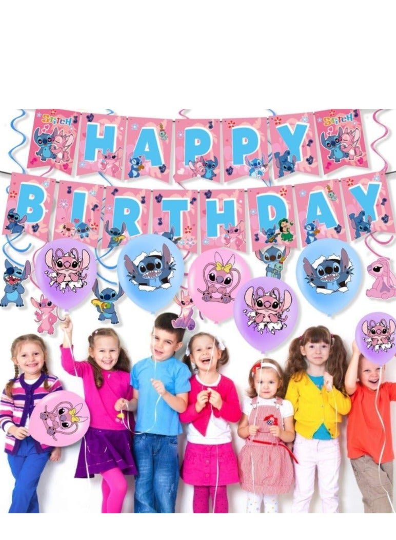 Furtey Pink Stitch Birthday Party Supplies, Party Decorations Set Include Banner, Balloons, Hanging Swirls, Cake Cupcake Toppers, Tablecloth for Girls boys Stitch Theme Party - Image 4