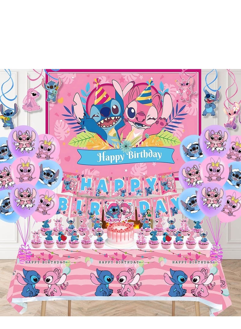 Furtey Pink Stitch Birthday Party Supplies, Party Decorations Set Include Banner, Balloons, Hanging Swirls, Cake Cupcake Toppers, Tablecloth for Girls boys Stitch Theme Party - Image 3