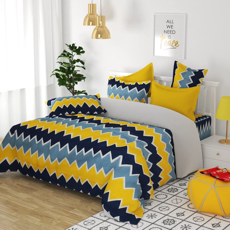 VAS COLLECTIONS® 144 TC Supersoft Microfiber Premium Double Bedsheet with 2 Pillow Covers - Breathable & Wrinkle Free - 3 Pcs Set - 225x222 cm - Yellow & Blue - Image 3