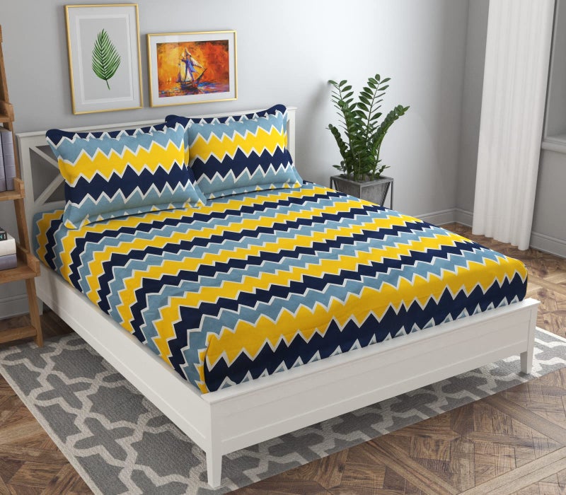 VAS COLLECTIONS® 144 TC Supersoft Microfiber Premium Double Bedsheet with 2 Pillow Covers - Breathable & Wrinkle Free - 3 Pcs Set - 225x222 cm - Yellow & Blue - Image 1