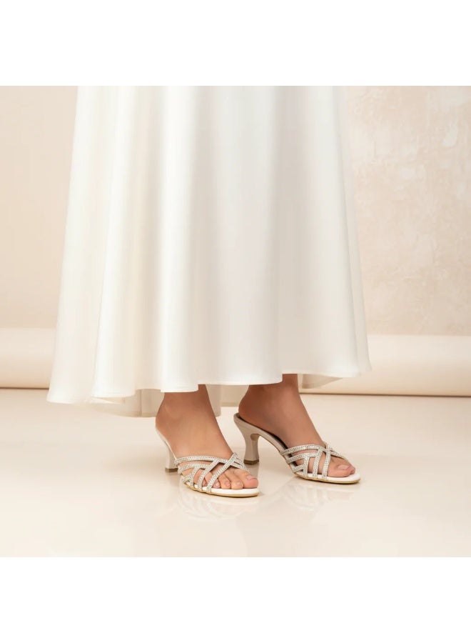Dollar's Fashion Lina Women Heels Sandals, Rhinestone Party Heels for Women, Open Toe Mid Heel Sandals, Synthetic Leather Ladies Fashion Heels for Eid, Evening, Party Wear (Cream) - Image 2