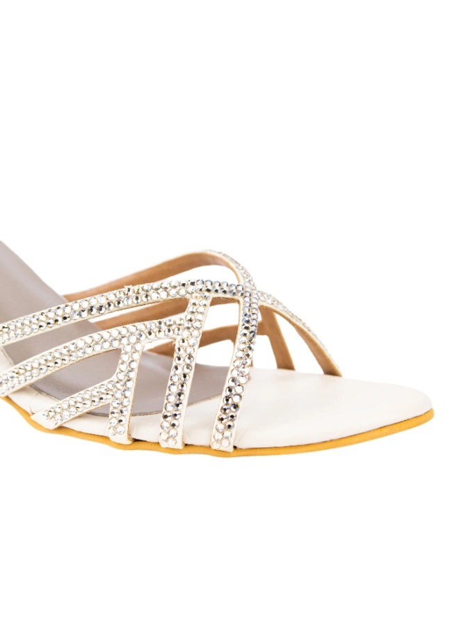 Dollar's Fashion Lina Women Heels Sandals, Rhinestone Party Heels for Women, Open Toe Mid Heel Sandals, Synthetic Leather Ladies Fashion Heels for Eid, Evening, Party Wear (Cream) - Image 3