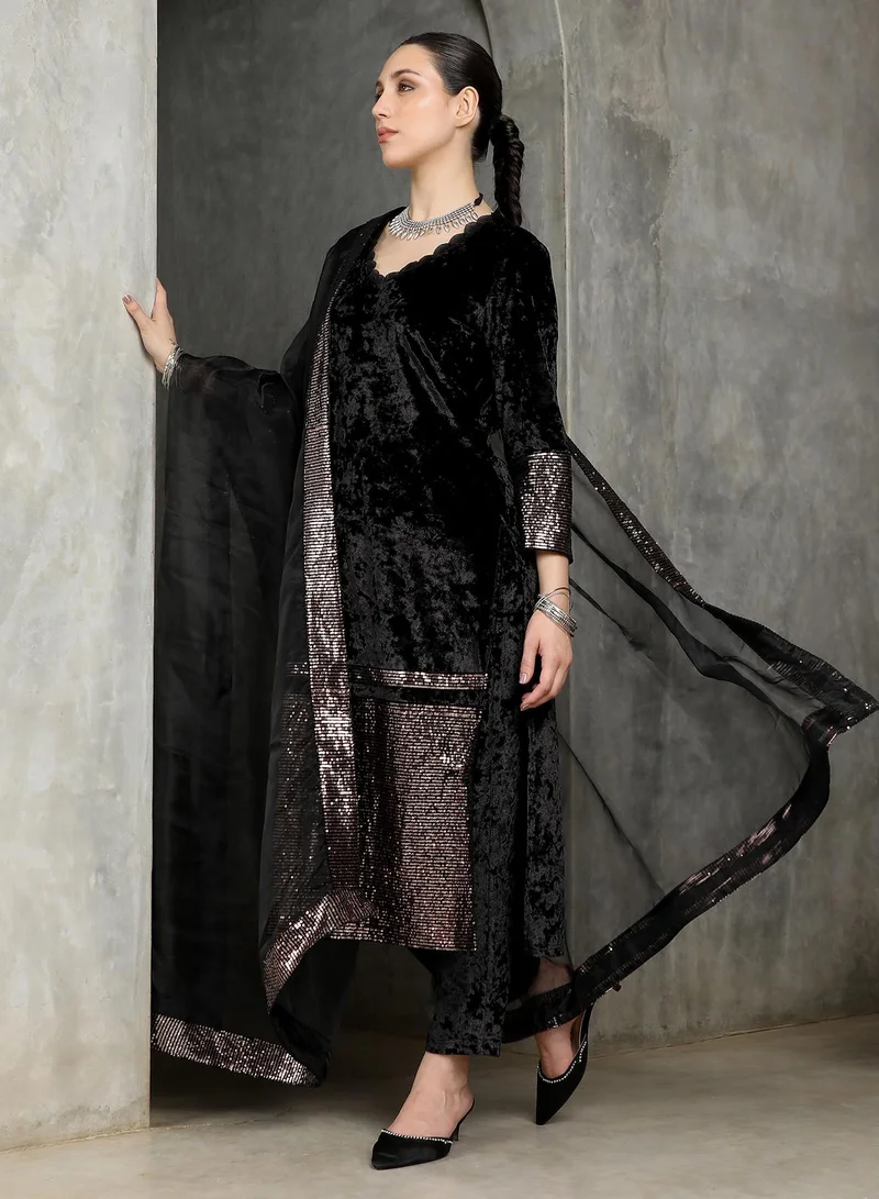QISSA  Women's Velvet-Gleam Kurta Set For Ethnic Wear | V-Neck, Quarter Regular Sleeves | Embroiderd-Block Textured Woven Fabric | 3 Piece Kurta Set Designed For Evening & Party Wear | Midnight Black for Women | Best Price UAE