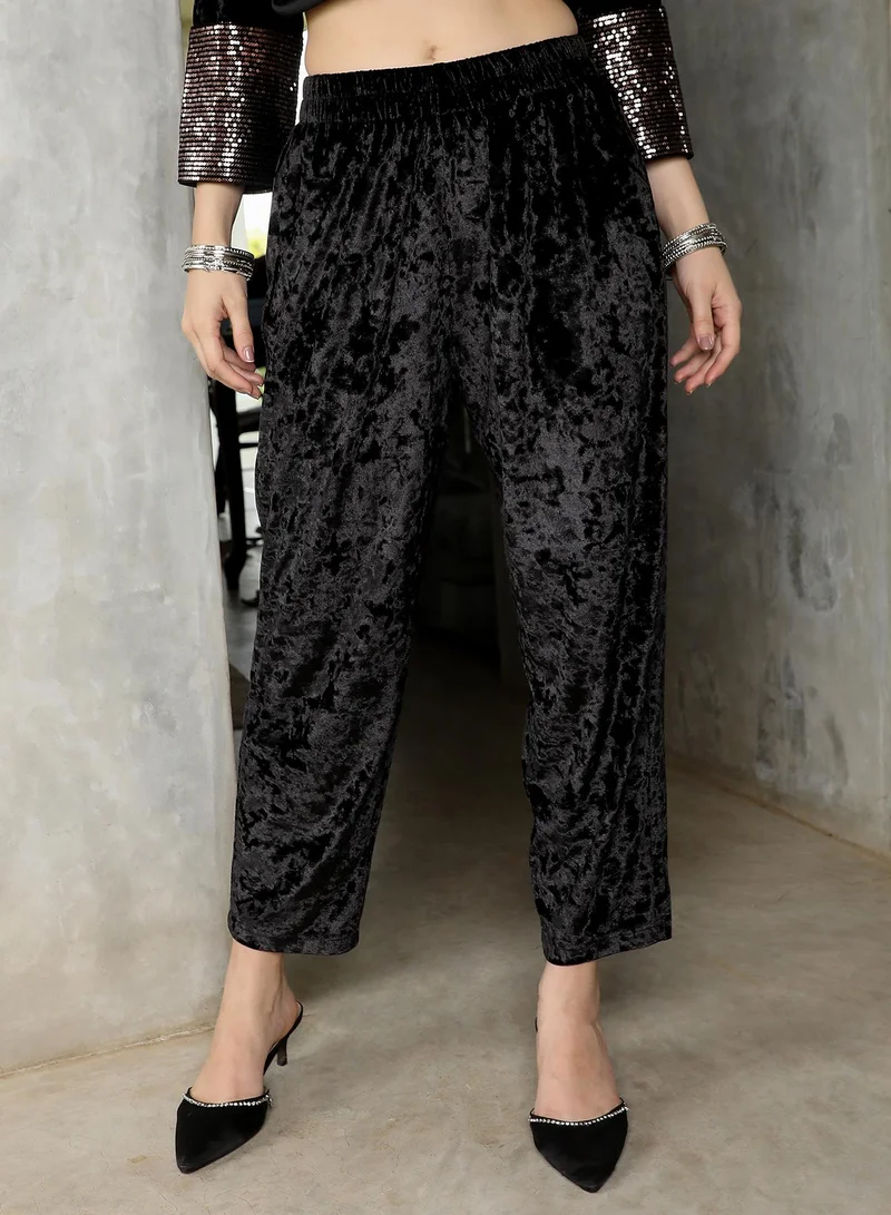 QISSA  Women's Velvet-Gleam Kurta Set For Ethnic Wear | V-Neck, Quarter Regular Sleeves | Embroiderd-Block Textured Woven Fabric | 3 Piece Kurta Set Designed For Evening & Party Wear | Midnight Black for Women | Best Price UAE