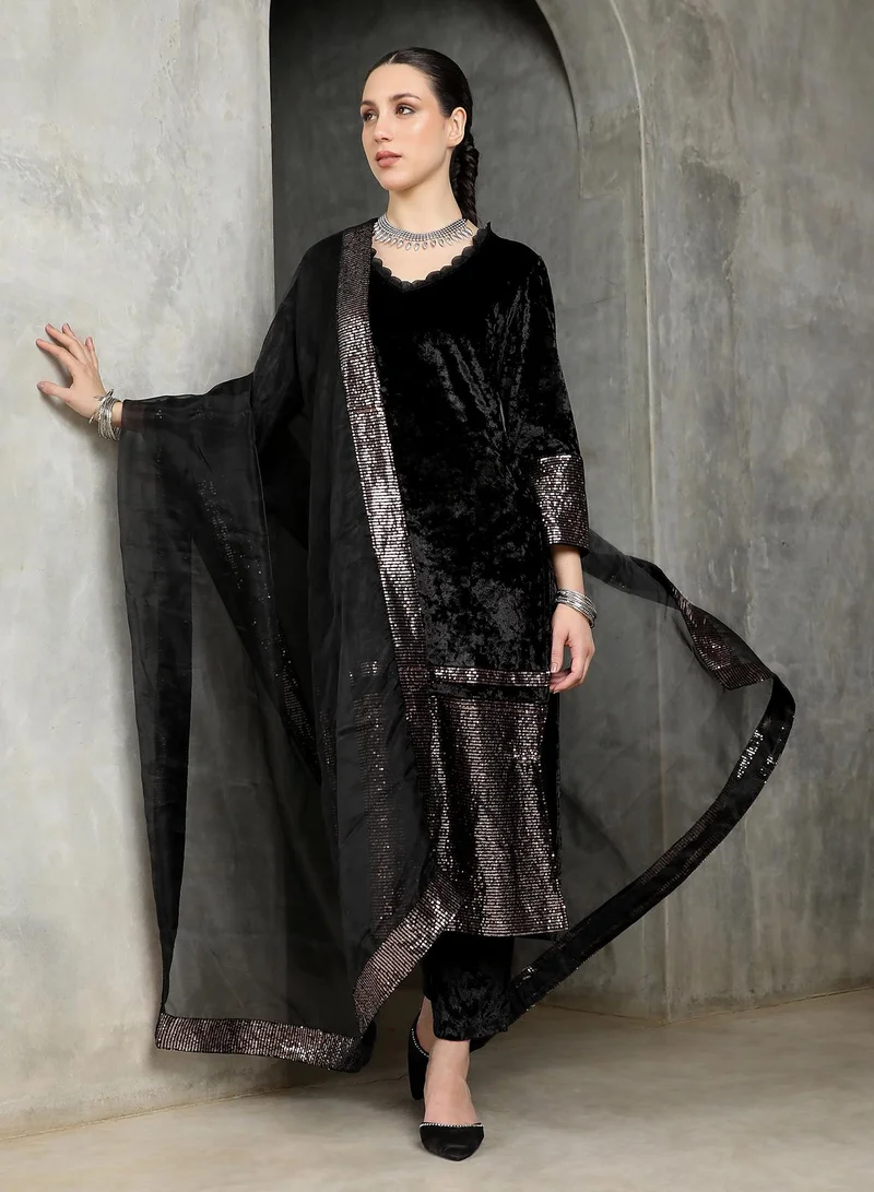 QISSA  Women's Velvet-Gleam Kurta Set For Ethnic Wear | V-Neck, Quarter Regular Sleeves | Embroiderd-Block Textured Woven Fabric | 3 Piece Kurta Set Designed For Evening & Party Wear | Midnight Black for Women | Best Price UAE