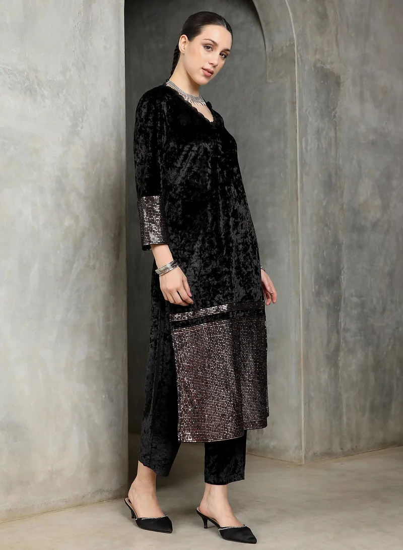 QISSA  Women's Velvet-Gleam Kurta Set For Ethnic Wear | V-Neck, Quarter Regular Sleeves | Embroiderd-Block Textured Woven Fabric | 3 Piece Kurta Set Designed For Evening & Party Wear | Midnight Black for Women | Best Price UAE