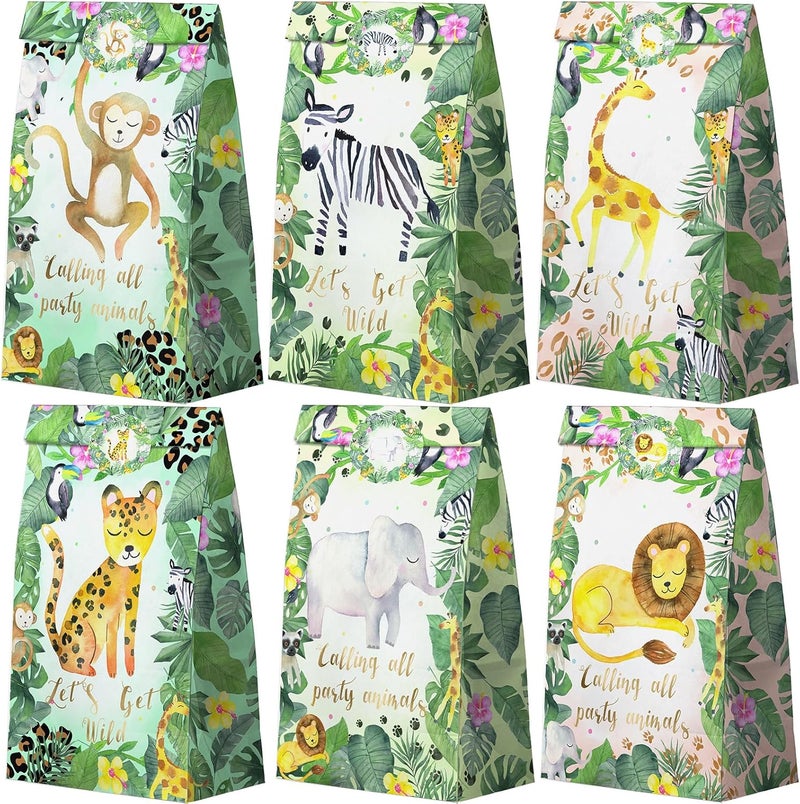 HaPiBiDesign Watercolor Safari Party Favor Bags - 24 Pcs Jungle Party Candy Bags with Stickers - Jungle Goodie Gift Treat Bags - Watercolor Safari Themed Birthday Party Supplies - Image 1