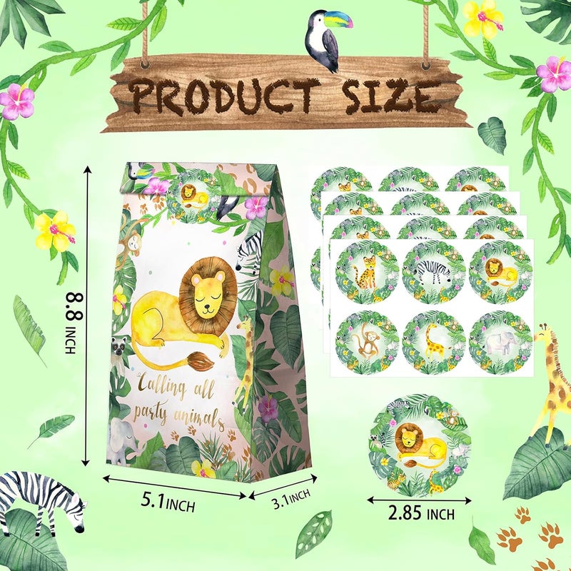 HaPiBiDesign Watercolor Safari Party Favor Bags - 24 Pcs Jungle Party Candy Bags with Stickers - Jungle Goodie Gift Treat Bags - Watercolor Safari Themed Birthday Party Supplies - Image 2