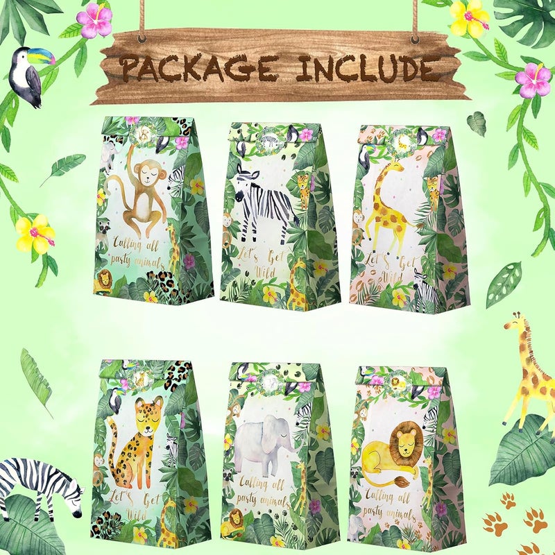 HaPiBiDesign Watercolor Safari Party Favor Bags - 24 Pcs Jungle Party Candy Bags with Stickers - Jungle Goodie Gift Treat Bags - Watercolor Safari Themed Birthday Party Supplies - Image 3