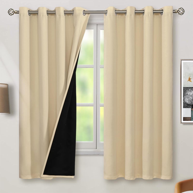 BGment Thermal Insulated 100% Blackout Curtains for Bedroom with Black Liner  Double Layer Full Room Darkening Noise Reducing Grommet Curtain (52 x 63 Inch  Natural  2 Panels) - Image 1