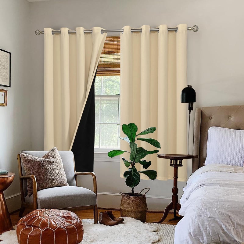 BGment Thermal Insulated 100% Blackout Curtains for Bedroom with Black Liner  Double Layer Full Room Darkening Noise Reducing Grommet Curtain (52 x 63 Inch  Natural  2 Panels) - Image 2