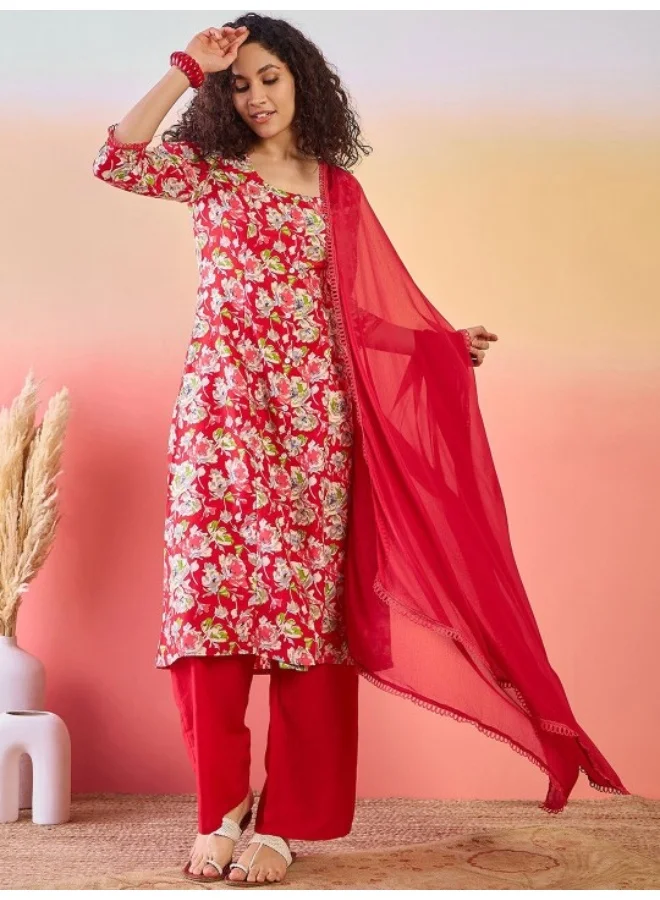 AKS Red Muslin Floral Print Kurta Set With Dupatta