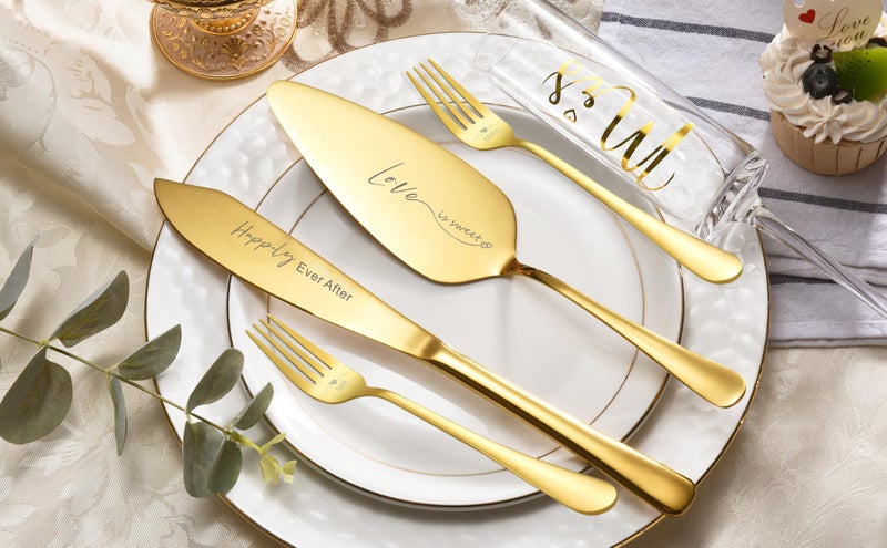 ROXBURGH Wedding Cake Knife and Server Set, Bride and Groom Mr and Mrs Champagne Flutes & Forks with Giftable Box, Cake Cutting Set for Wedding Engagement Bridal Shower Gifts - Image 2