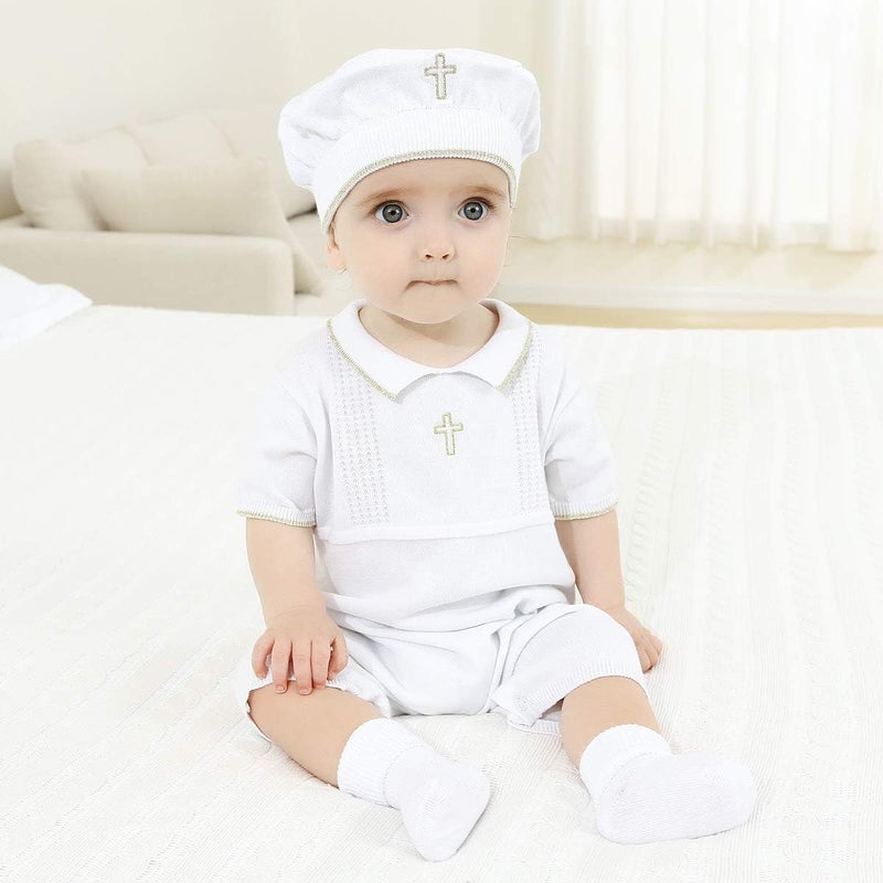 HAPIU Baby Boy Baptism Outfit with Hat and Socks,Christening Outfit-Cross Detail - Image 2