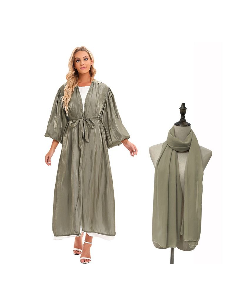 Loquat Puff Sleeve Cardigan Long Sleeve Abaya with Hijab Green 