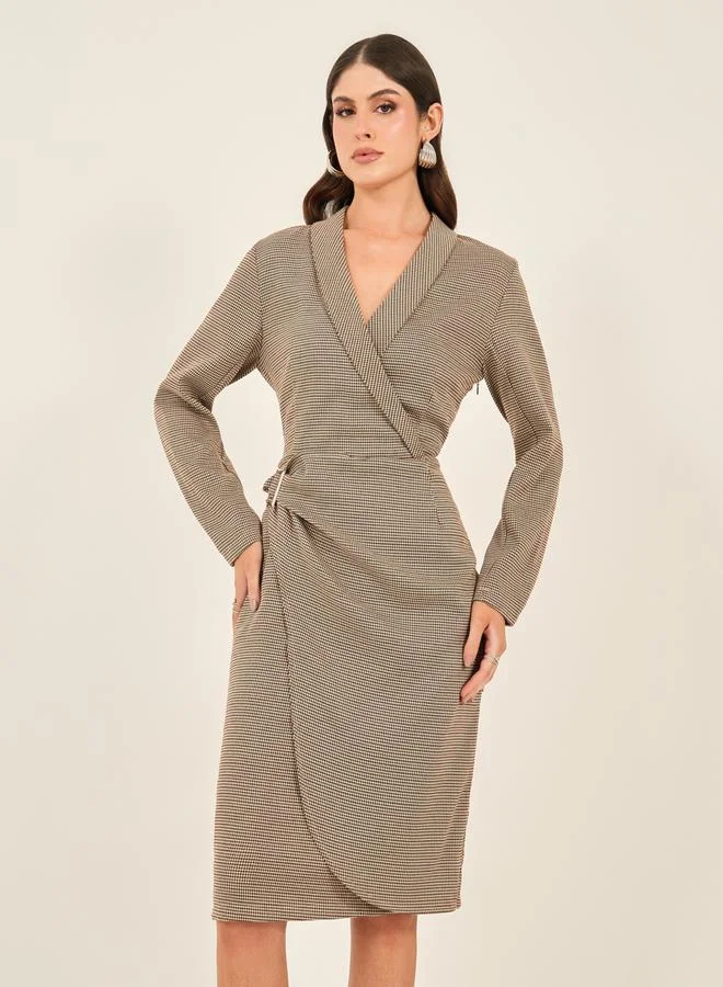 Styli Styli Houndstooth Wrap Blazer Knee Length Dress with Buckle Detail