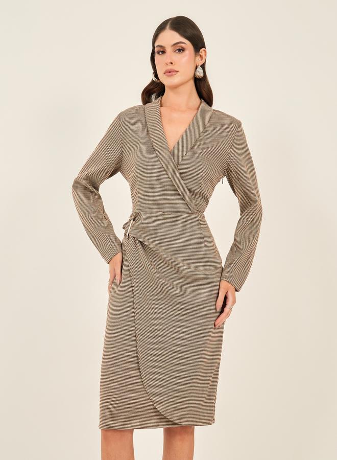 Styli Styli Houndstooth Wrap Blazer Knee Length Dress with Buckle Detail  - Image 3