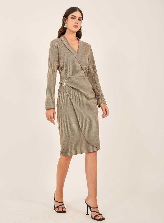 Styli Styli Houndstooth Wrap Blazer Knee Length Dress with Buckle Detail  - Image 2