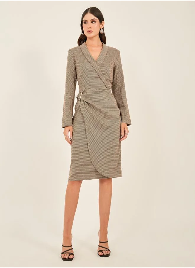 Styli Houndstooth Wrap Blazer Knee Length Dress with Buckle Detail