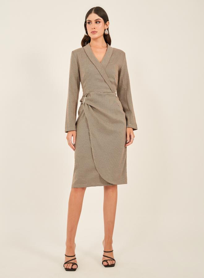 Styli Styli Houndstooth Wrap Blazer Knee Length Dress with Buckle Detail  - Image 1