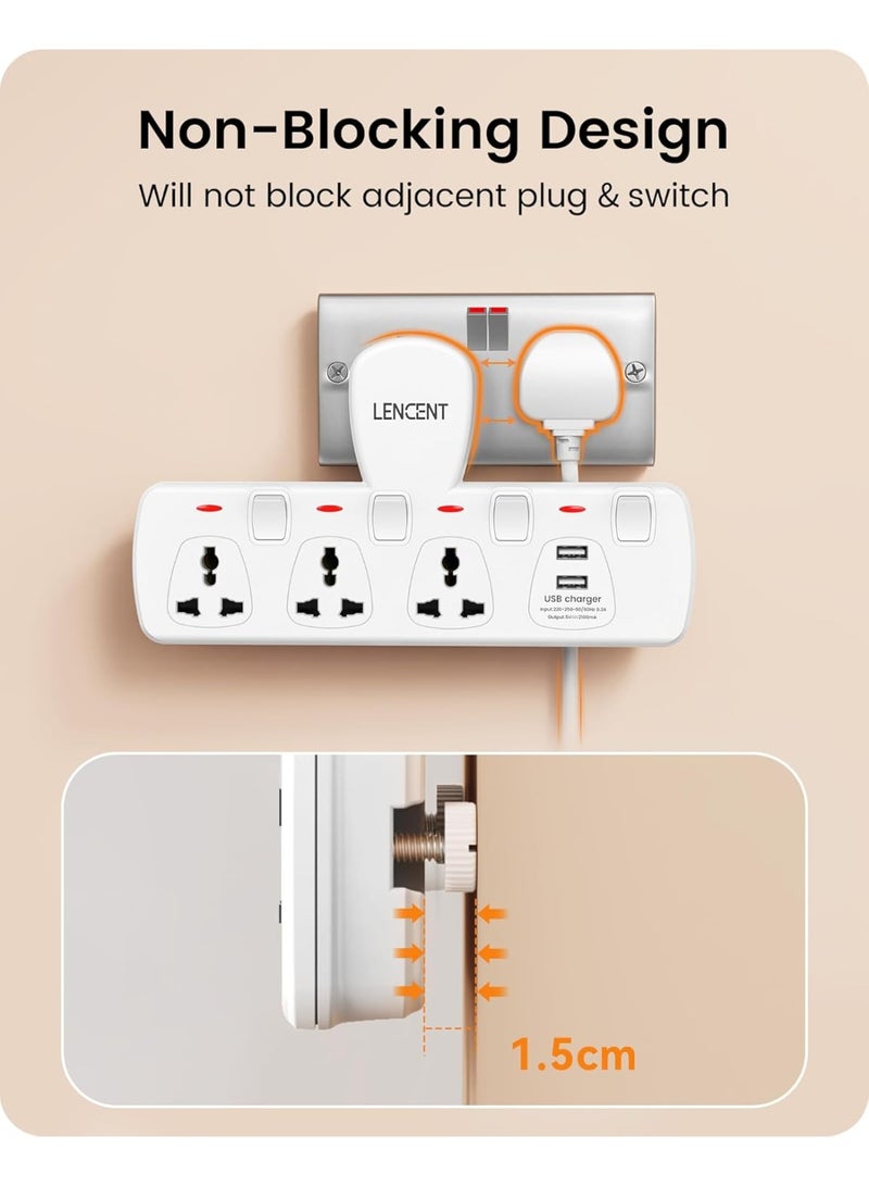 LENCENT Multi Plug Extension Socket with USB, 3 Way Electrical Outlet Extender with 2 USB, Wall Charger, Universal Plug Adapter, Charging Station for Home,... - Image 4